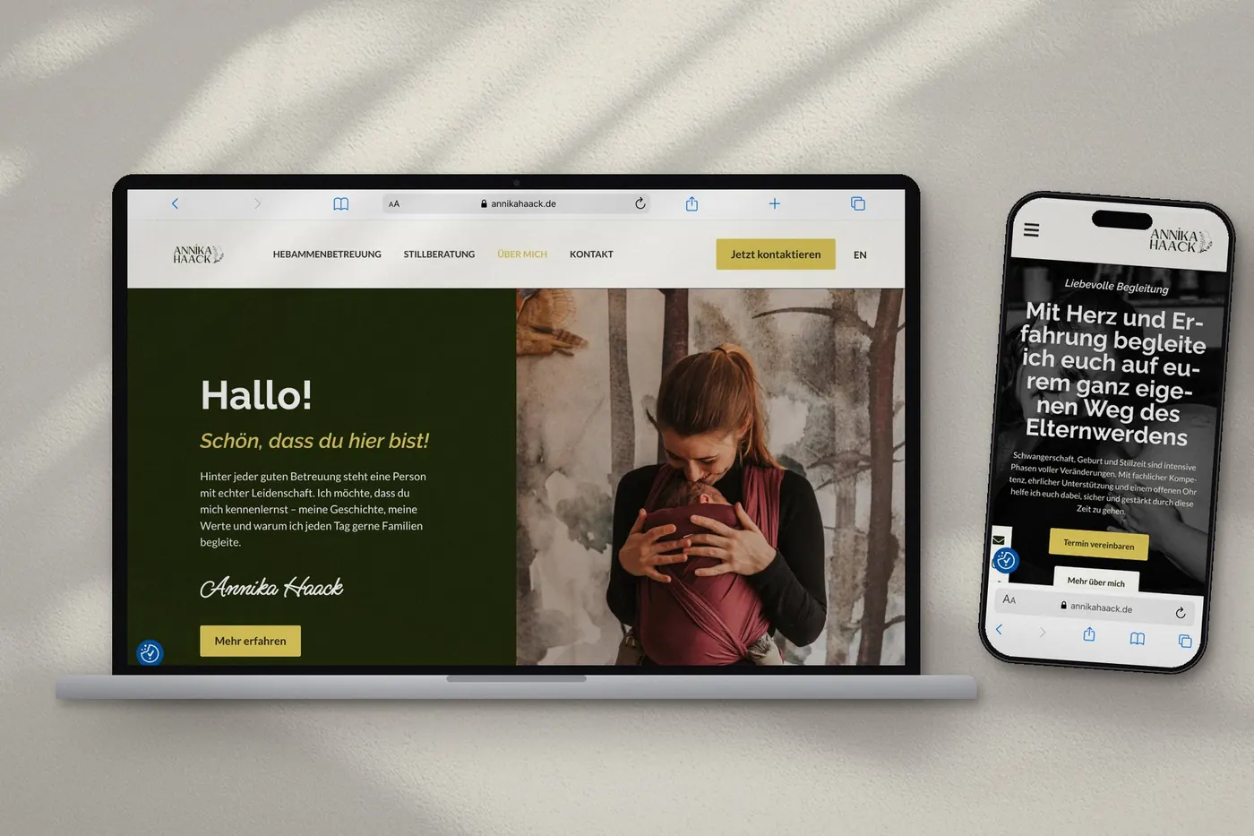 The Annika Haack website on a laptop and a phone
