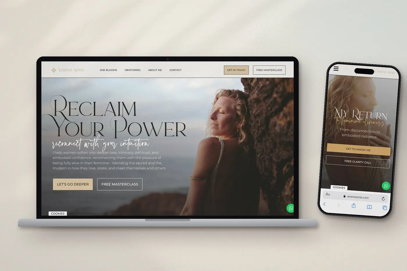 The Verena Sonia website on a laptop and a phone